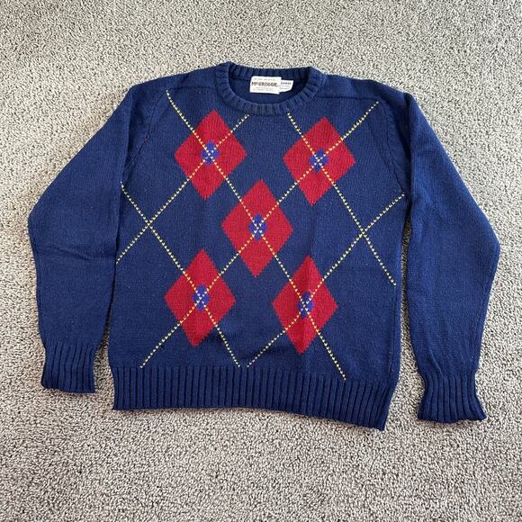 VINTAGE 80s McGregor Sweater Mens Large Blue Red Wool Blend Argyle Pullover * - Picture 2 of 11